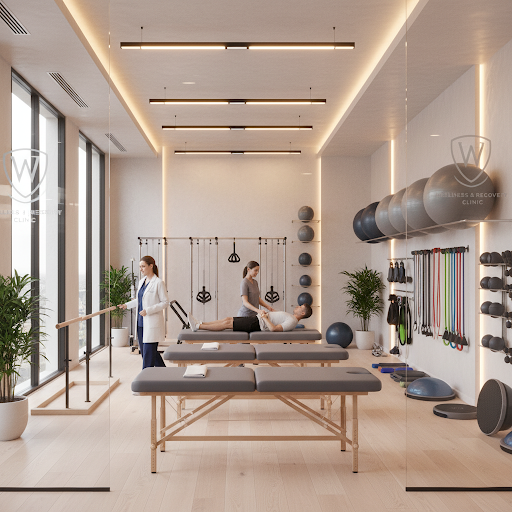 Wellness clinic interior with treatment tables and natural light